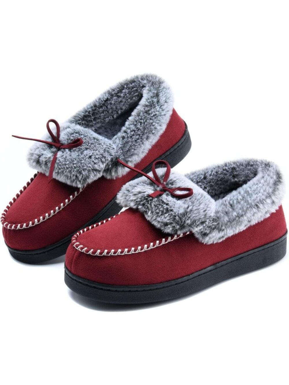 Women's Burgundy Fuzzy Warm Moccasin Memory Foam Soft Fluffy Closed Back Slipper